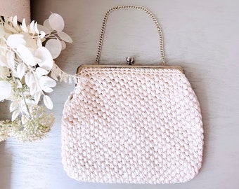 Cream Raffia Handbag, 1960s Clutch Purse, Made in Japan Vintage Bara Bag w Wrist Strap, Cute Vintage Purse, Shiny Ecru Woven Straw Handbag