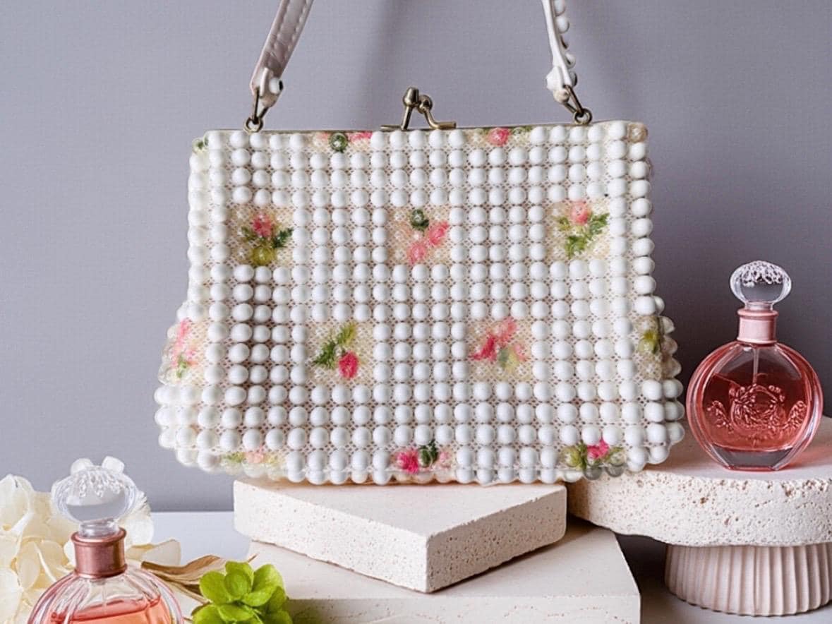 【完売品】Ameri vintage L BALL BEADS BAG 1950s Vintage Beaded Purse, White Large Candy Dot Bag Floral