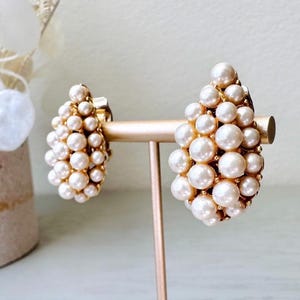 Vintage Pearl Earrings, Glamorous Cream Pearl Teardrop Statement Earrings, Extraordinary Two Tier Faux Pearl + Gold Clip-On Earrings