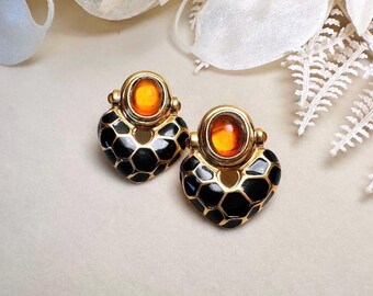 KJL Vintage Earrings, Kenneth Jay Lane Animal Print Door Knocker Pierced Earrings, Black and Gold Earrings with Amber Cabochons