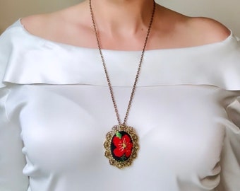 Red and Gold 1970s Embroidered Flower Cameo Convertible Whimsical Pendant Necklace, Needlepoint Flower Pendant Brooch Necklace, 24" Long