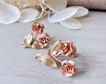 Gold Rose Earrings, Gorgeous Dainty Vintage Screwback Earrings, Sculptutal Rose Gold Leaf Mesh Rose Nonpierced Earrings, Krementz Jewelry