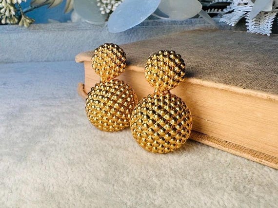 Vintage Gold Earrings, Glam 80s Textured Gold Pierced Earrings - Main Image
