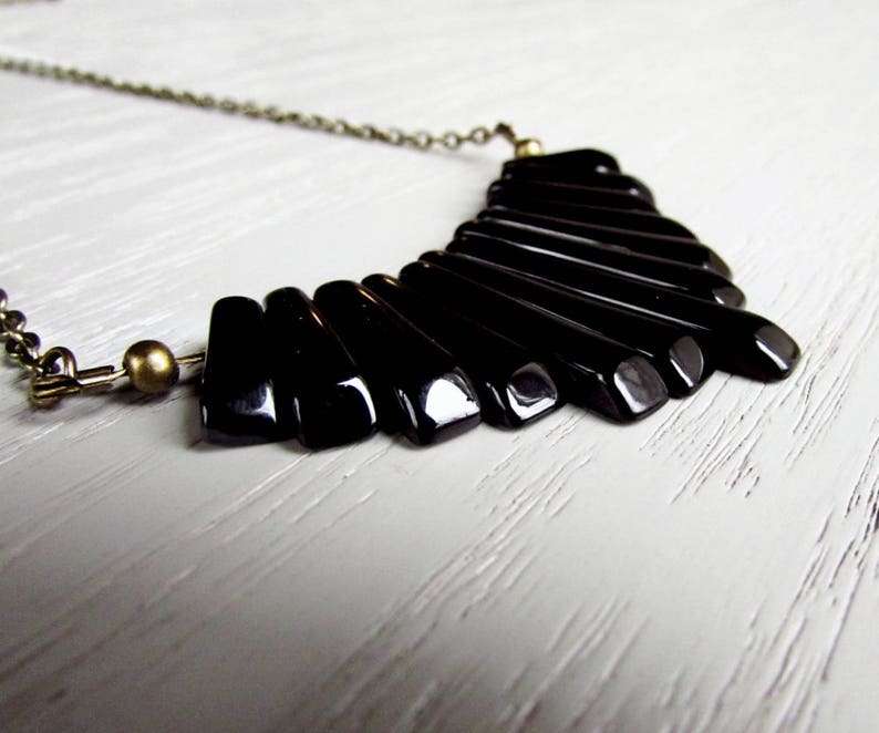 Black Onyx Necklace, Onyx Bib Necklace, Graduated Fan Necklace, Black Geometric Jewelry, Simple Gemstone Necklace, Wire Wrapped Pendant image 5