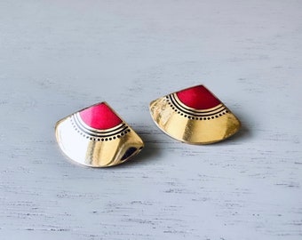 Vintage Laurel Burch Fuji Fan Earrings, Gold Fan Studs with  Red & Black Enamel, Vintage 1980s Laurel Burch Fan Pierced Earrings