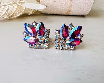 1960's Red Marquise Earrings with Blue Aurora Borealis Finish, Exquisite Vintage Rhinestone Earrings, Art Deco Gold Tone Clip On Earrings