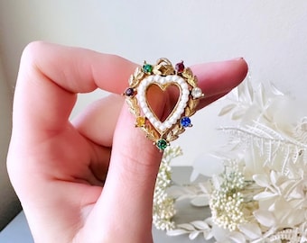 Vintage Heart Brooch w Pearls + Rhinestones in Red Green Blue, Romantic Vintage Pin, Antique Gold Heart Pin, Cute Mothers Day Gifts for Her