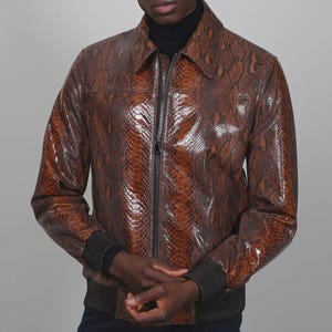 Men's Brown Patent Leather Bomber Jacket, Faux Python Print, Zip Up Leather Jacket