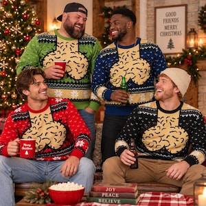 Peut inclure: Quatre pulls en tricot à manches longues arborant un motif phallique beige sur la poitrine. Les pulls sont disponibles en vert, bleu, rouge et noir, chacun avec un motif de flocons de neige et des formes géométriques blanches sur le col.