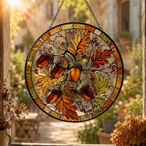 Acorn Suncatcher for Fall Lovers, Autumn Window Hanging, Stained Glass Style Decor, Gift-Ready Cottage Charm