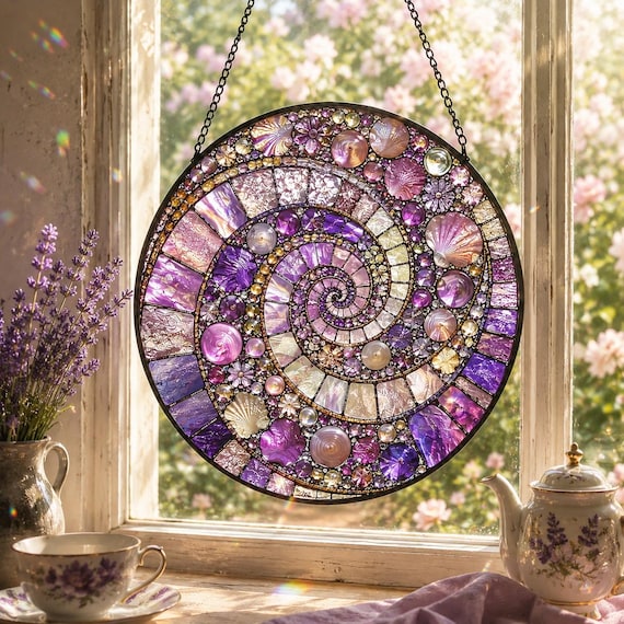 Lavender Spiral Suncatcher for Her, Purple Stained Glass Style Window Hanging