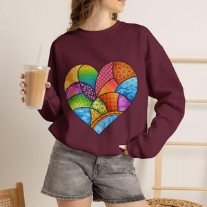 Colorful Patchwork Heart Sweatshirt | Rainbow Quilted Heart Crewneck