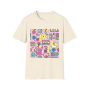 Retro 90s Pattern T-Shirt | Smiley Face, Cassette, Sunglasses, Boombox