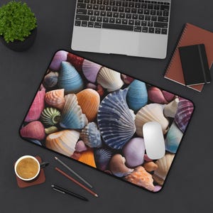 Colorful Seashell Pattern Desk Mat | Coastal Beach Shells Mouse Pad