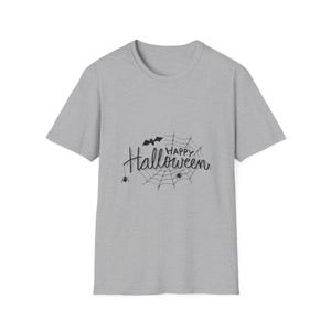Puede incluir: Una camiseta gris jaspeado de manga corta con un estampado gráfico negro en el pecho. El diseño incluye una telaraña, un pequeño murciélago, dos arañas y el texto "Happy Halloween" escrito en una fuente cursiva negra estilizada.