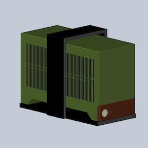 May include: A rectangular olive green electronic device featuring vertical ventilation slats on the side, a dark brown base panel with a circular light indicator, and a black U-shaped mounting bracket secured over the top and sides.