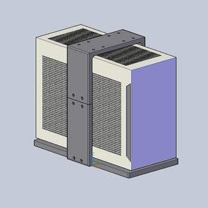 May include: A computer case featuring two off-white rectangular towers with perforated side panels and top vents, connected by a dark gray U-shaped metal bracket that spans across the top and down the center, all mounted on a flat base.