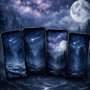 Wald Nachthimmel Wallpaper Pack | Milchstraße und Sternschnuppe Handy Hintergrund | Dunkle Ästhetik iPhone & Android Digital Download