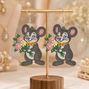Cute Mouse with Flowers FSL Embroidery Design | Free Standing Lace Mouse Ornament | Machine PES DST Jef File | Floral Mouse Decor