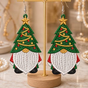 Christmas Gnome Tree FSL Earrings Embroidery Design | Free Standing Lace Machine Embroidery Pattern Vp3 Xxx| Holiday Earrings  | PES DST Jef
