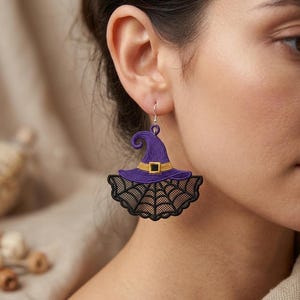 Witch Hat Lace Earrings file, FSL Earrings. Machine Embroidery Designs, Halloween Design, Digital download PES, Dst, JEF