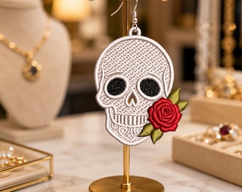 Diseño de bordado de pendientes de calavera y rosa FSL / Pendientes góticos de encaje independientes con calavera / Archivo de bordado a máquina de Halloween / Descarga instantánea