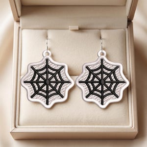 May include: A pair of dangling earrings featuring a white, scalloped-edge shape with a black spiderweb design printed on the surface. The earrings are suspended from silver-toned metal hooks and have a textured, light-colored background pattern.