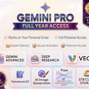 May include: A digital graphic for Gemini Pro full year access featuring a purple and gold colour scheme. It lists features including Gemini Advanced, Deep Research, Veo 3, NotebookLM, AI image generation, Flow with 12,000 credits, and 5TB cloud storage.