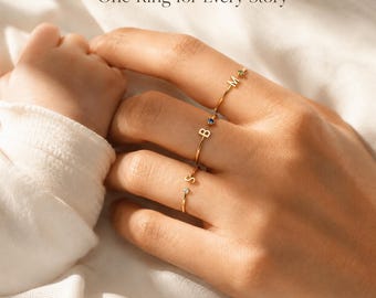Personalized Birthstone Initial Ring, Custom New Mom Gift Jewelry