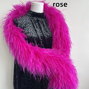 Op de afbeelding: Een levendige felroze veren boa gedrapeerd over een zwarte top met een hoge hals en een subtiel wit bloemenpatroon. Het woord rose staat in zwarte letters in de rechterbovenhoek. De boa heeft lange, ijle veren voor een volle textuur.