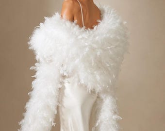 Long Feather Shawl, Wedding Bridal Wrap, Fluffy Ostrich Feather Stole, Evening Party Cape, Formal Occasion Cover Up