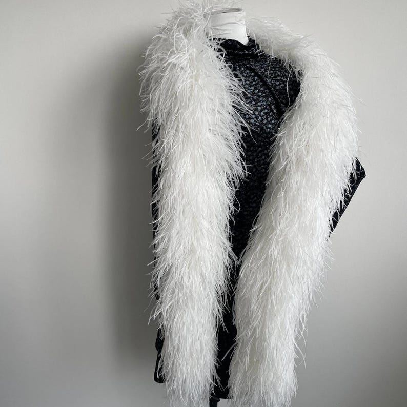 Puede incluir: Una boa de plumas blancas larga colocada sobre una prenda superior negra de cuello alto con un sutil estampado floral oscuro. La boa presenta plumas blancas densas y esponjosas que se extienden desde el cuello, creando un aspecto voluminoso.