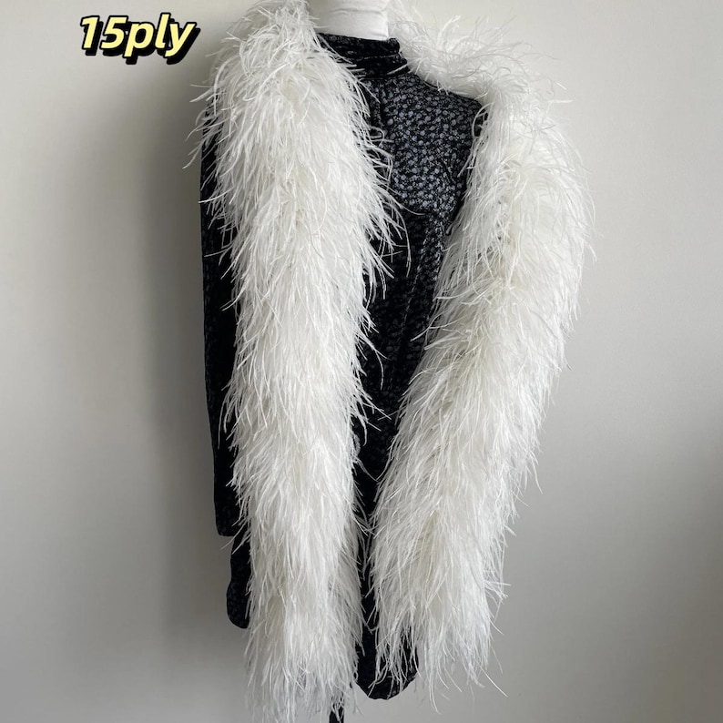Puede incluir: Una boa de plumas blancas de 15ply drapeada sobre una prenda superior negra de manga larga con un sutil patr&oacute;n floral oscuro. La boa presenta plumas blancas largas y tenues que crean una textura voluminosa, contrastando con la prenda oscura.