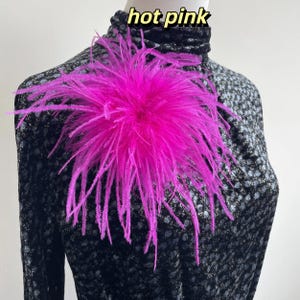 Może przedstawiać: Jaskraworóżowa broszka z piór przypięta do czarnego topu z wysokim kołnierzem i subtelnym szarym wzorem kwiatowym. Tekst hot pink znajduje się nad okrągłym, kolczastym dodatkiem z piór, który ma długie, cienkie i promieniście ułożone pióra.