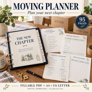 May include: A navy blue ring-bound moving planner titled The New Chapter with a house illustration, accompanied by loose-leaf pages including an 8-week countdown, moving budget, packing checklist, and box inventory, plus a pen and house-shaped keychain.