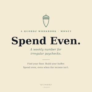 May include: A cream-colored workbook cover titled A Quorbz Workbook - Money. It features a dark green acorn icon, the text Spend Even. A weekly number for irregular paychecks., and the subtext Find your floor. Build your buffer. Spend even, even when the income isn't. The bottom includes the text Quorbz - Benjamin.