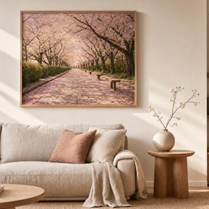 Cherry Blossom Path Digital Art - Sakura Season in Japan Photography, Nostalgic Spring Aesthetic Print, Pastel Pink Floral Walkway, Digital