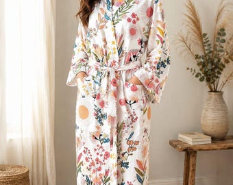 Hand Block Floral Cotton Kimono Robe: White Natural Cotton Bathrobe, Bridal Getting Ready Gift