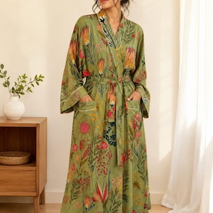Cotton Kimono Robe in Olive Green Floral Print, Artisan Hand Block Design