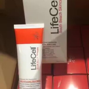 May include: A white and red LifeCell South Beach Skincare tube and its matching tall rectangular box. The packaging features black text, including the brand name LifeCell and the description All-in-One Anti-Aging Treatment, with a red top section.