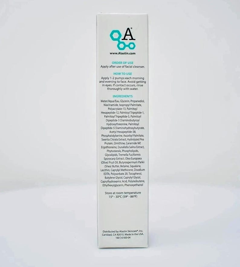 May include: A white rectangular skincare product box featuring the Alastin logo in teal and black. The side panel displays text including Order of Use, How to Use, a detailed list of ingredients, and storage instructions at 15-30C (59-86F).