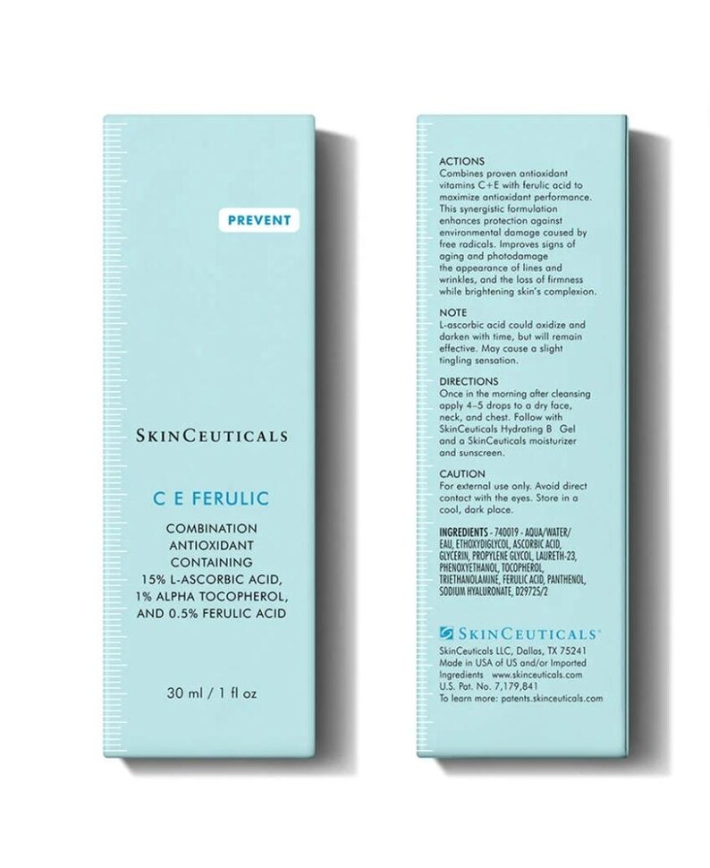 Op de afbeelding: Een lichtblauwe, rechthoekige verpakking voor huidverzorgingsproducten met donkere tekst. De voorzijde toont SkinCeuticals C E Ferulic, 15% L-ascorbinezuur, 1% alfa-tocoferol, 0,5% ferulazuur en 30 ml. De achterzijde bevat acties en ingredi&euml;nten.
