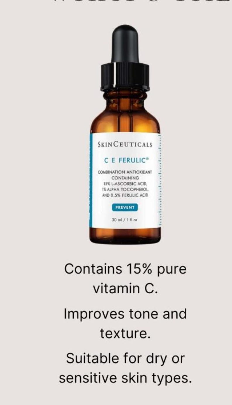 Op de afbeelding: Een amberkleurige glazen fles met een zwarte druppeldop die SkinCeuticals C E Ferulic serum bevat. Het witte etiket bevat de tekst: Combination Antioxidant containing 15% L-Ascorbic Acid, 1% Alpha Tocopherol, and 0.5% Ferulic Acid, 30 ml.