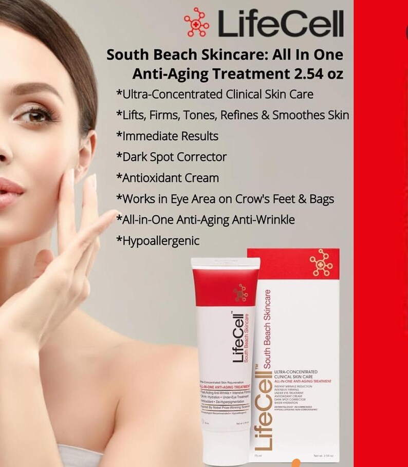May include: LifeCell South Beach Skincare All In One Anti-Aging Treatment 2.54 oz tube and box. Text lists features: Ultra-Concentrated Clinical Skin Care, Lifts, Firms, Tones, Refines & Smoothes Skin, Immediate Results, Dark Spot Corrector, Antioxidant Cream.