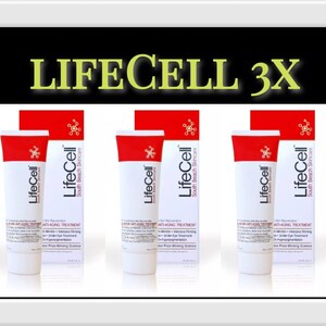 May include: Three white tubes and three matching boxes of LifeCell 3X anti-aging treatment. Each white tube features red accents and black text. The boxes are white with red tops and black text. The text LifeCell 3X is displayed in large green letters.
