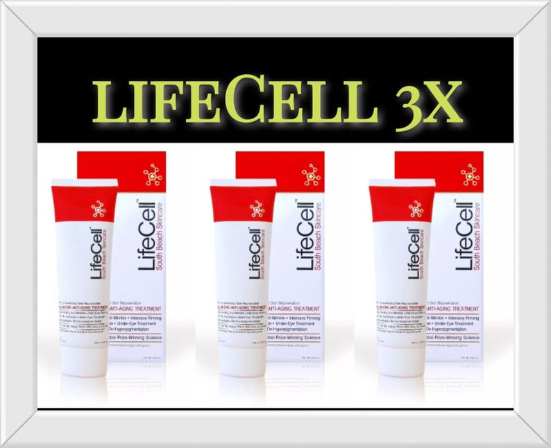 May include: Three white tubes and three matching boxes of LifeCell 3X anti-aging treatment. Each white tube features red accents and black text. The boxes are white with red tops and black text. The text LifeCell 3X is displayed in large green letters.