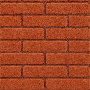 Può includere: Un tappeto rettangolare caratterizzato da un motivo ripetitivo di mattoni color arancio bruciato disposti in un classico schema a correre. La superficie presenta un pelo morbido e testurizzato che imita l'aspetto della muratura, con fughe marrone scuro.