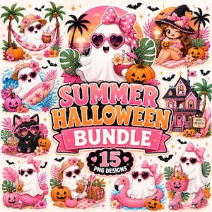 Może przedstawiać: Cyfrowa kolekcja grafik zatytułowana Summer Halloween Bundle 15 PNG Designs przedstawiająca duszki w okularach przeciwsłonecznych w kształcie serc, czarne koty, różowy nawiedzony dom, palmy, tropikalne kwiaty, dynie i akcesoria plażowe.