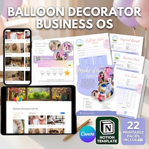 May include: A digital business organization system for balloon decorators featuring a smartphone and tablet displaying software interfaces, alongside printed order forms, invoices, receipts, price quotes, and loyalty cards in pastel purple and pink.