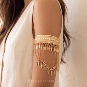 Boho Gold Silver Arm Cuff, Layered Chain Tassel Armlet, Festival Body Jewelry